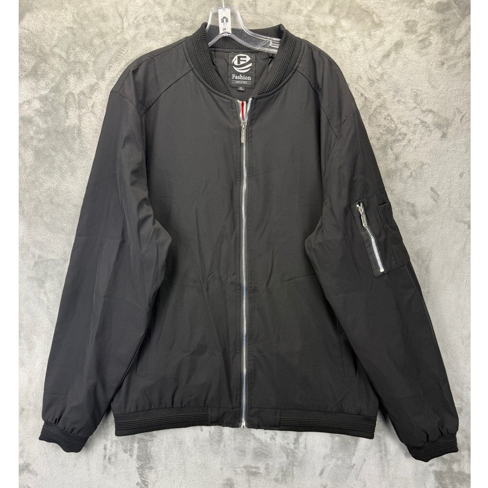 Fashion Mens Black Bomber Jacket‎ XL Full Zip Lightweight Utility Sleeve Pocket